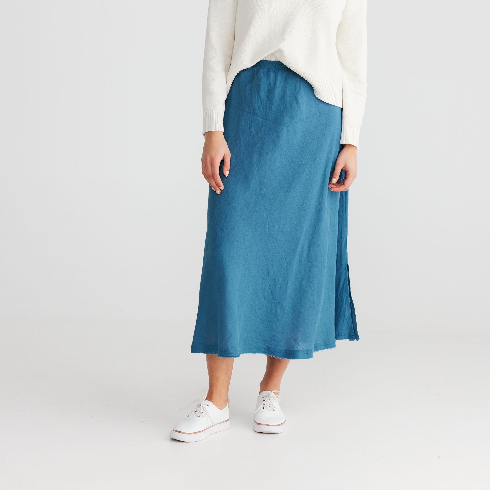 Blue Linen Midi Skirt