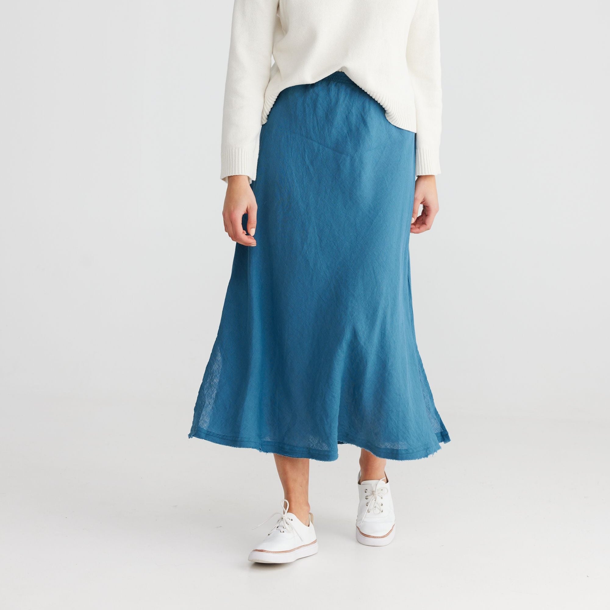 Blue Linen Midi Skirt
