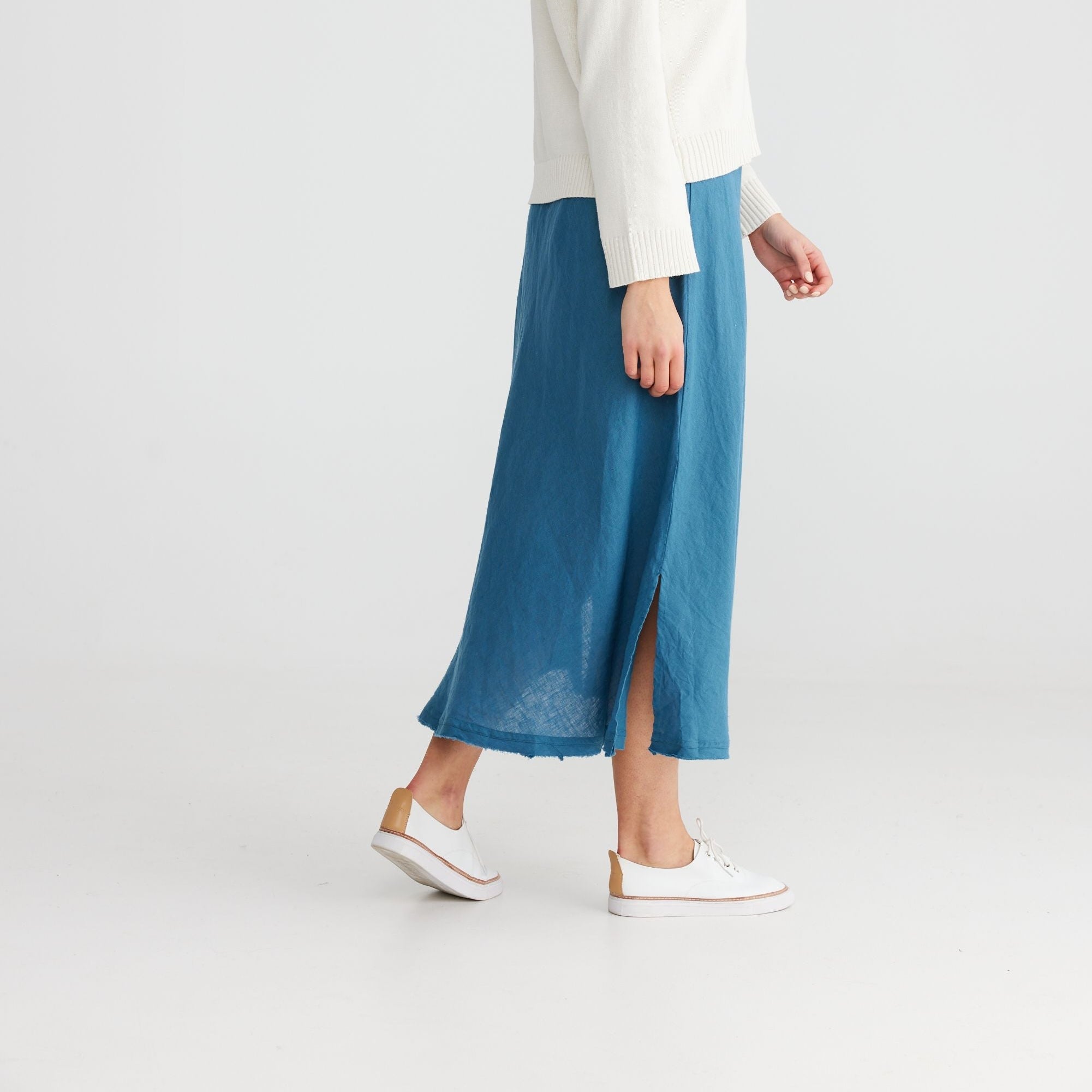 Blue Linen Midi Skirt