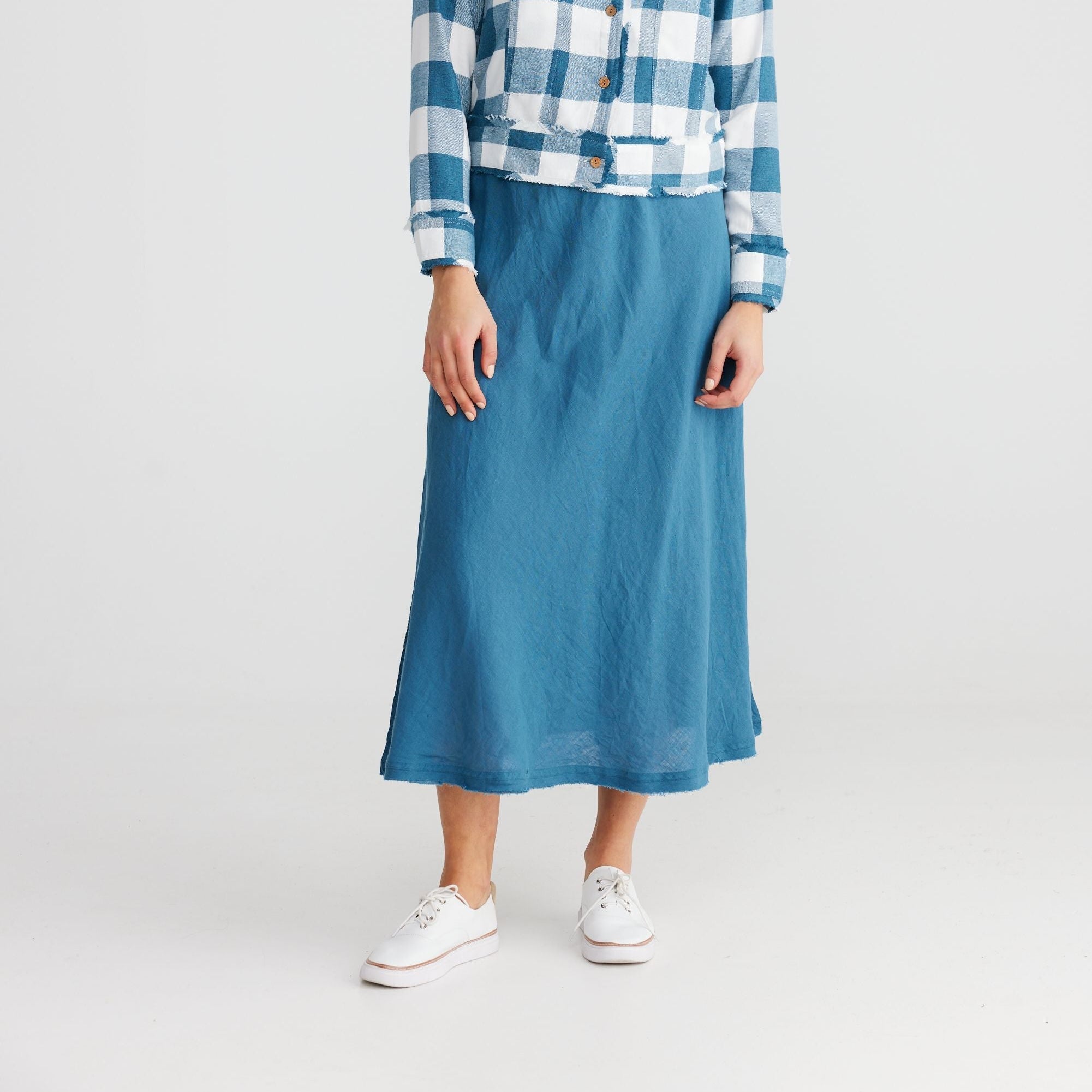 Blue Linen Midi Skirt