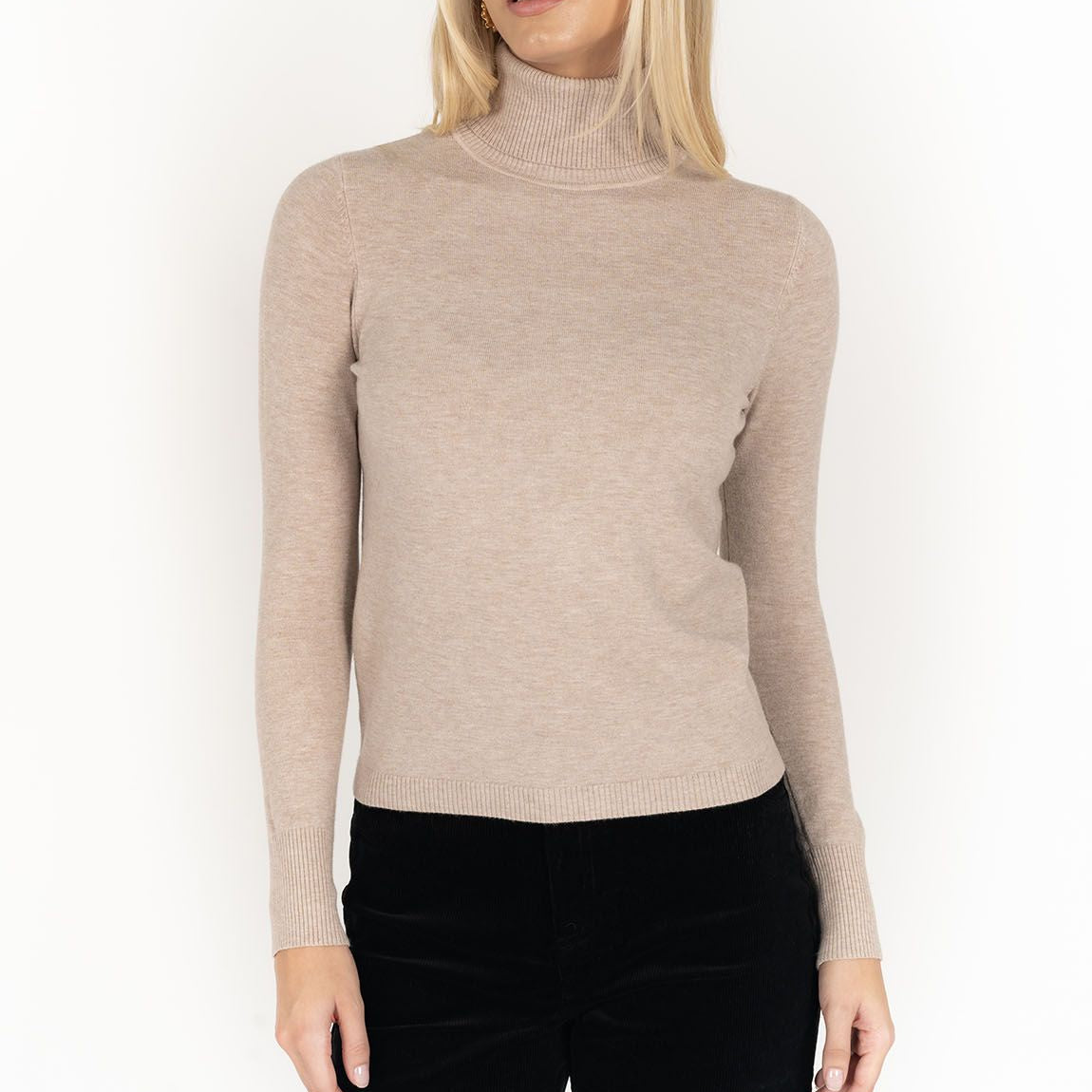 Khaki Turtleneck Fitted Long-Sleeved Sweater