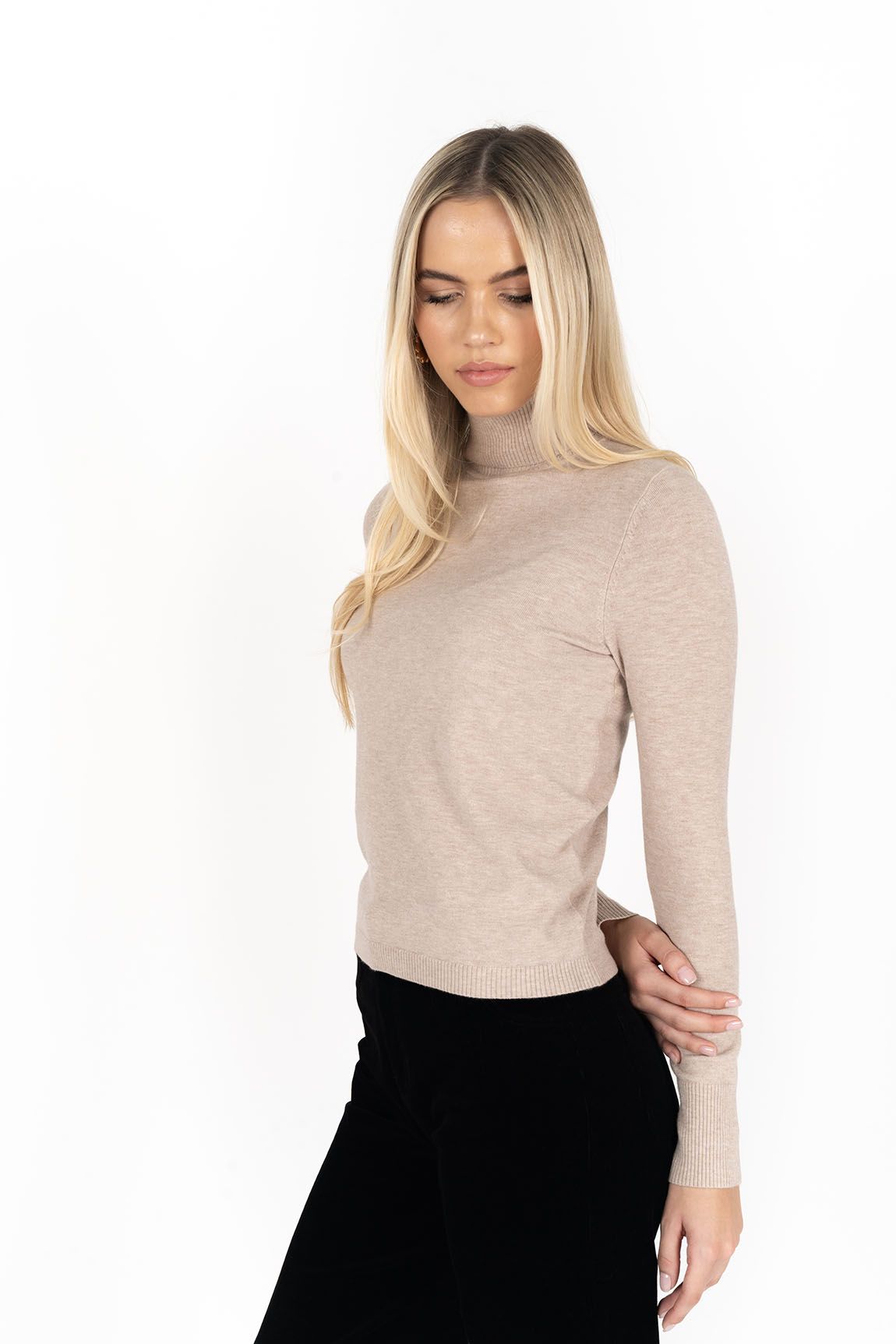 Khaki Turtleneck Fitted Long-Sleeved Sweater