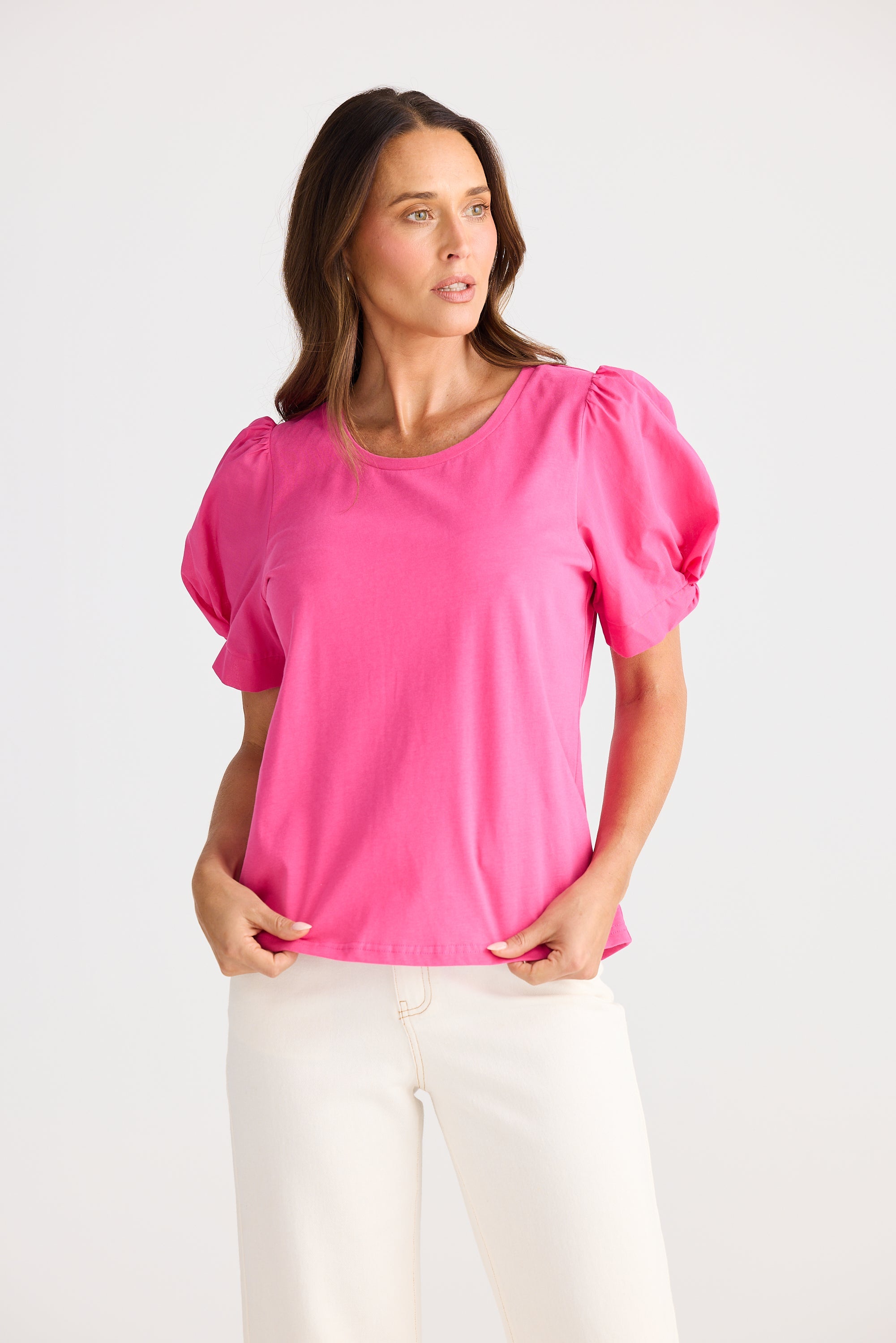 New Rose Red Puff Sleeve Short-Sleeved Top
