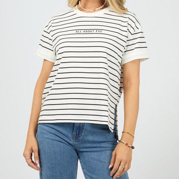 Washed Black And White Striped Short Sleeved T Shirt