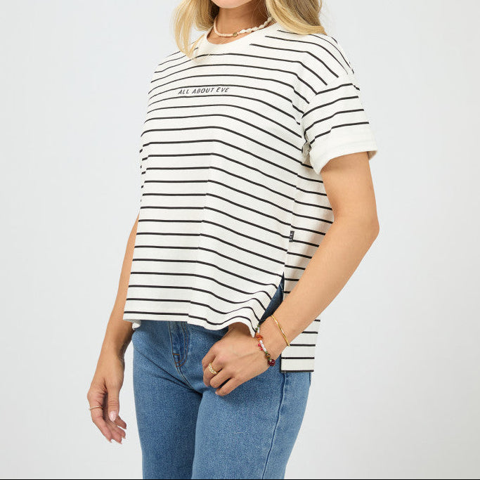 Washed Black And White Striped Short Sleeved T Shirt